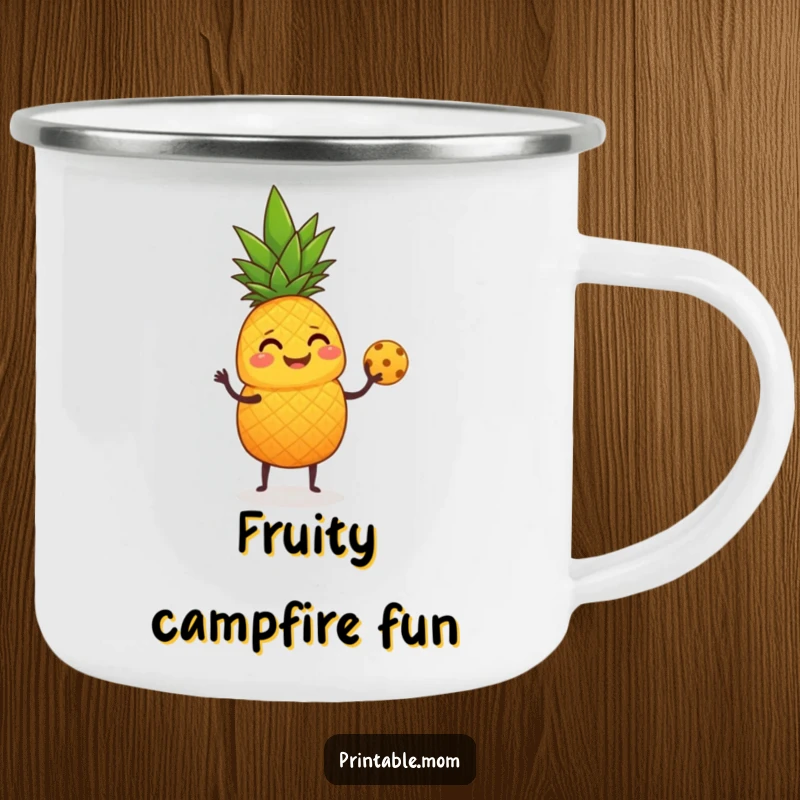 Funny Camping Mug of a giggling pineapple juggling small fruits with its leafy top.