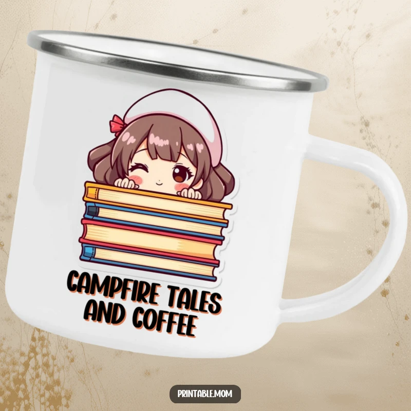 Funny camping mug depicting a mom peeking from behind a colorful stack of books, perfect for reading enthusiasts.