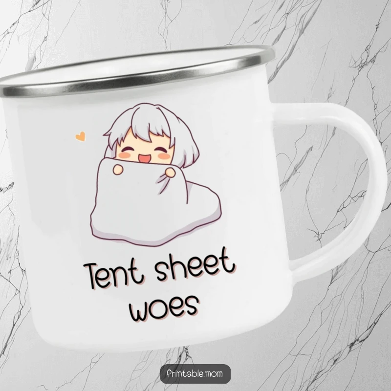 Funny Camping Mug: Character joyfully attempting to fold a fitted sheet, a durable and humorous camp essential.