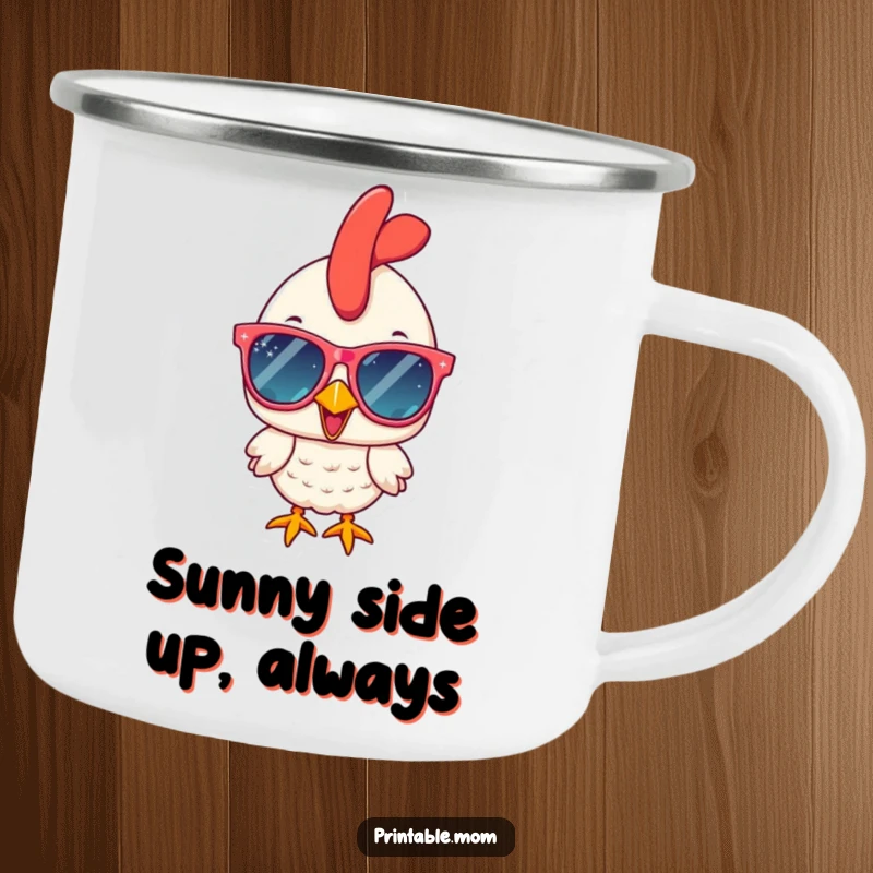 Funny chicken rocking oversized sparkly sunglasses, enjoying the outdoors on a durable and humorous camping mug