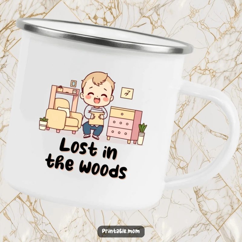 Funny camping mug with a character comically assembling flat-pack furniture in a wilderness setting.