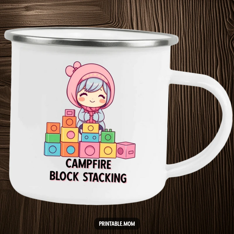 Funny Mom Camping Mug: A happy mom stacking colorful building blocks, a fun and funny outdoor gift.