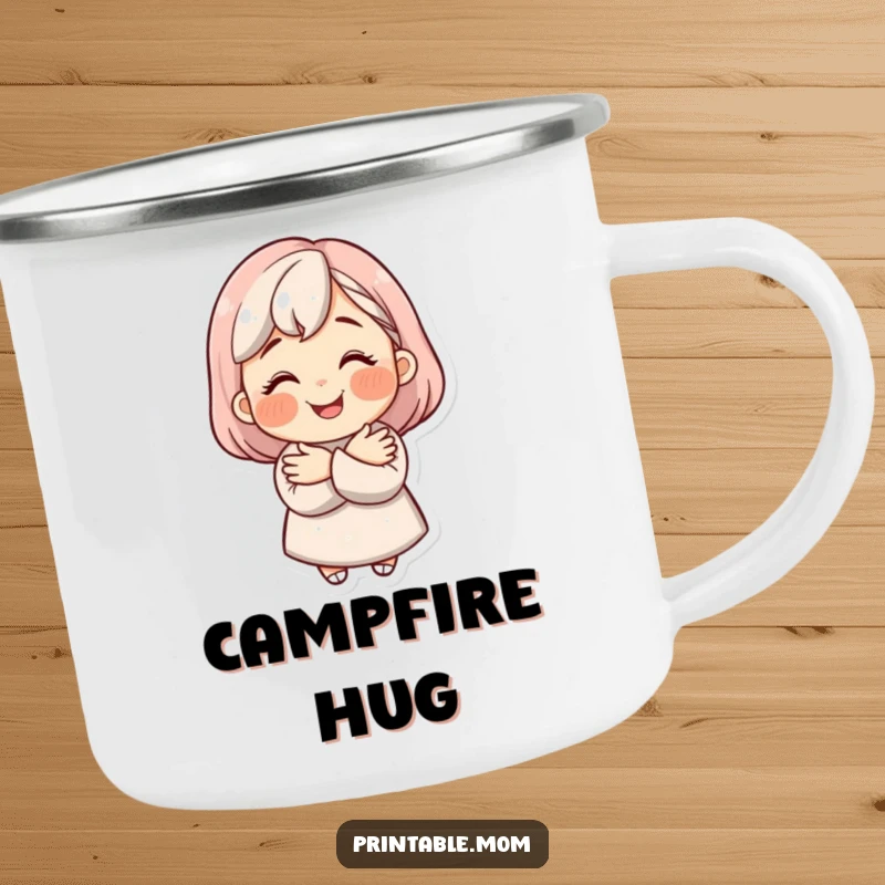 Funny mom character with a bright smile giving a warm hug on a rugged camping mug.