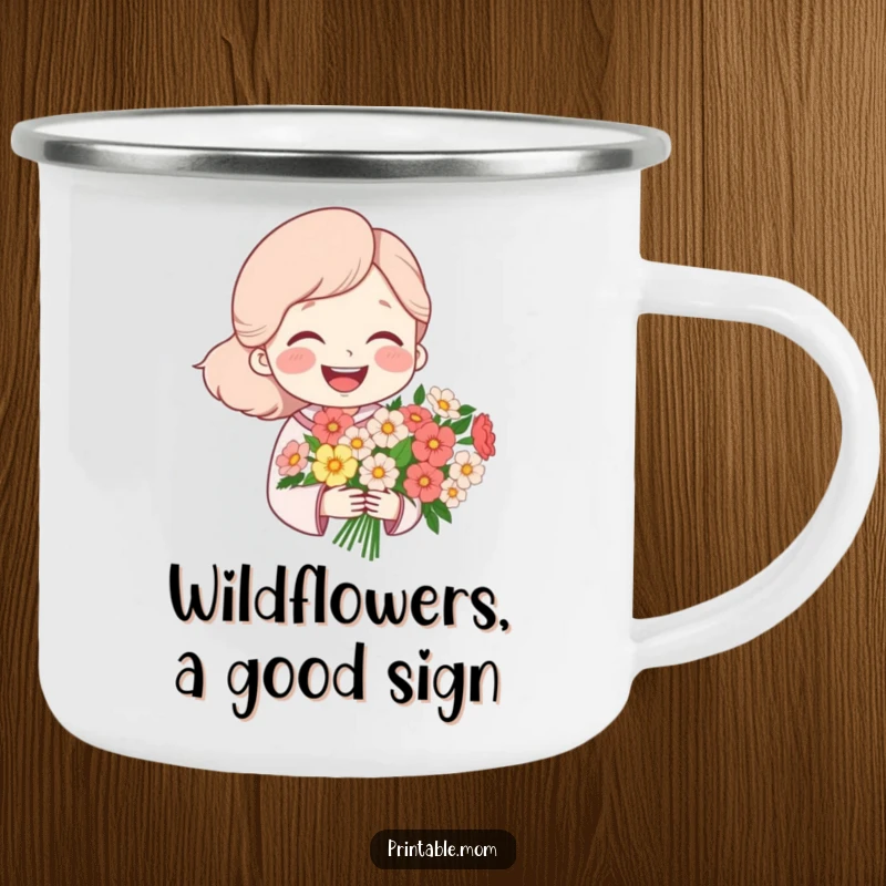Funny camping mug featuring a mom character laughing heartily while holding a bouquet of flowers, perfect for outdoor excursions.