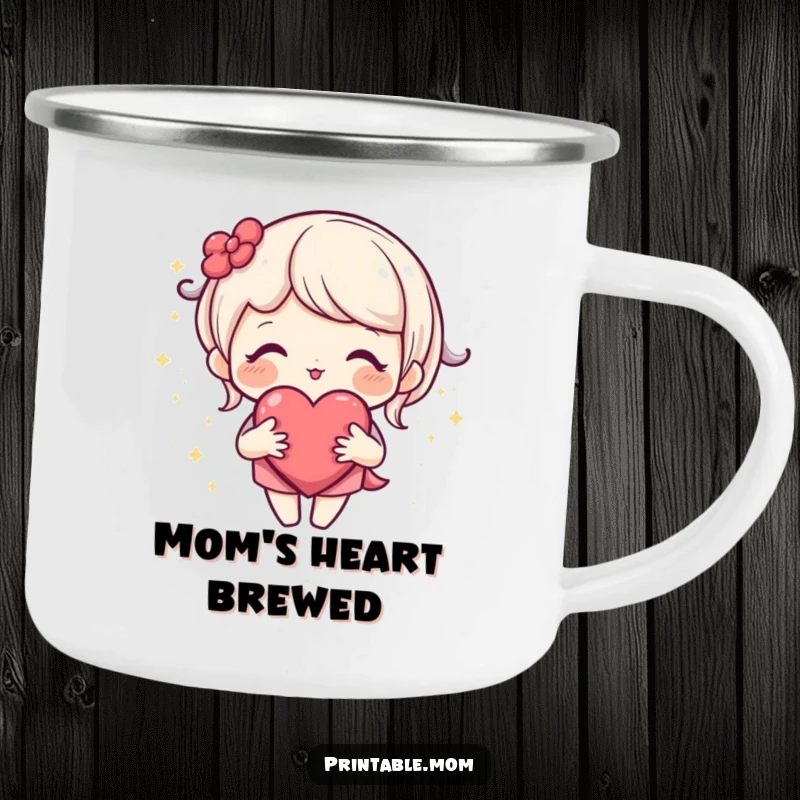 Funny camping mug featuring a loving mom character with an open heart emitting tiny sparkles, great for outdoor enjoyment.