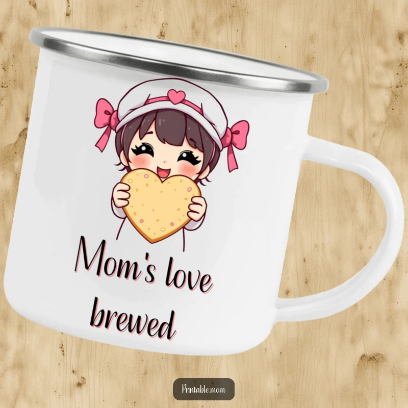 Funny camping mug with a proud mom character holding a heart-shaped cookie, perfect for enjoying drinks during outdoor activities.