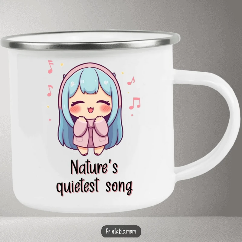 Funny Mom Camping Mug: Mom serenely hums with eyes closed, perfect for outdoor coffee breaks.