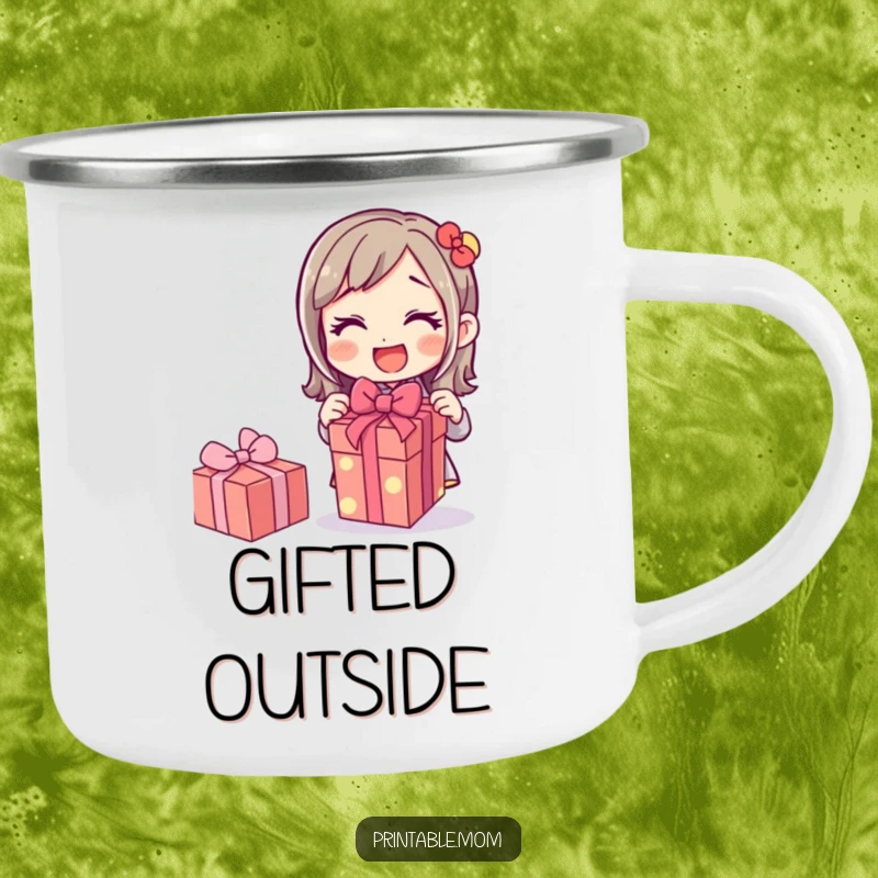 Funny camping mug showing a mom character excitedly unwrapping a gift in an outdoor setting, merging adventure and surprise, a unique gift.