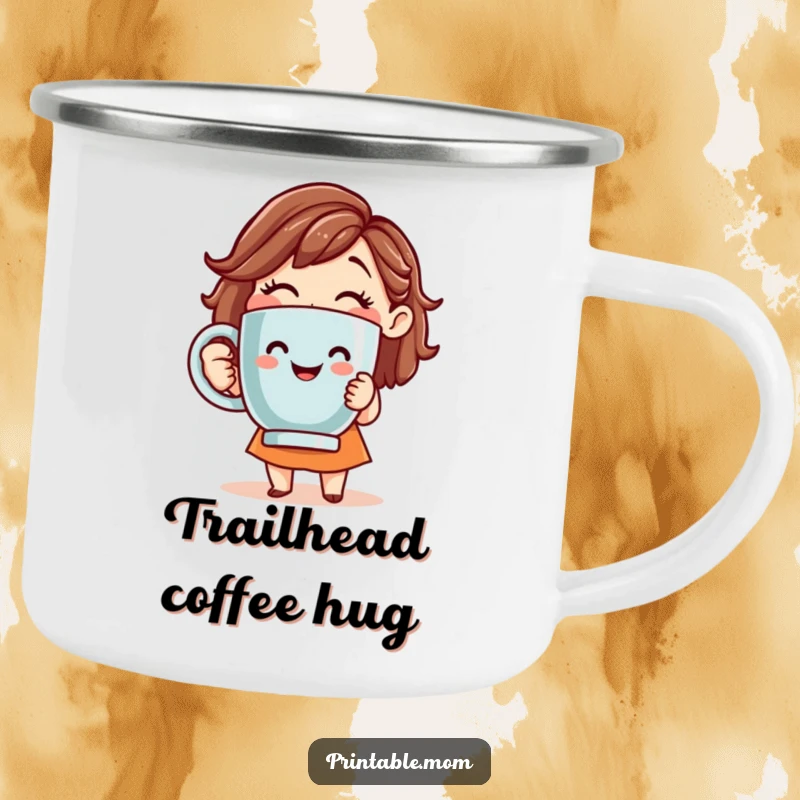 Funny camping mug with a smiling mom holding a giant coffee mug during an outdoor morning.
