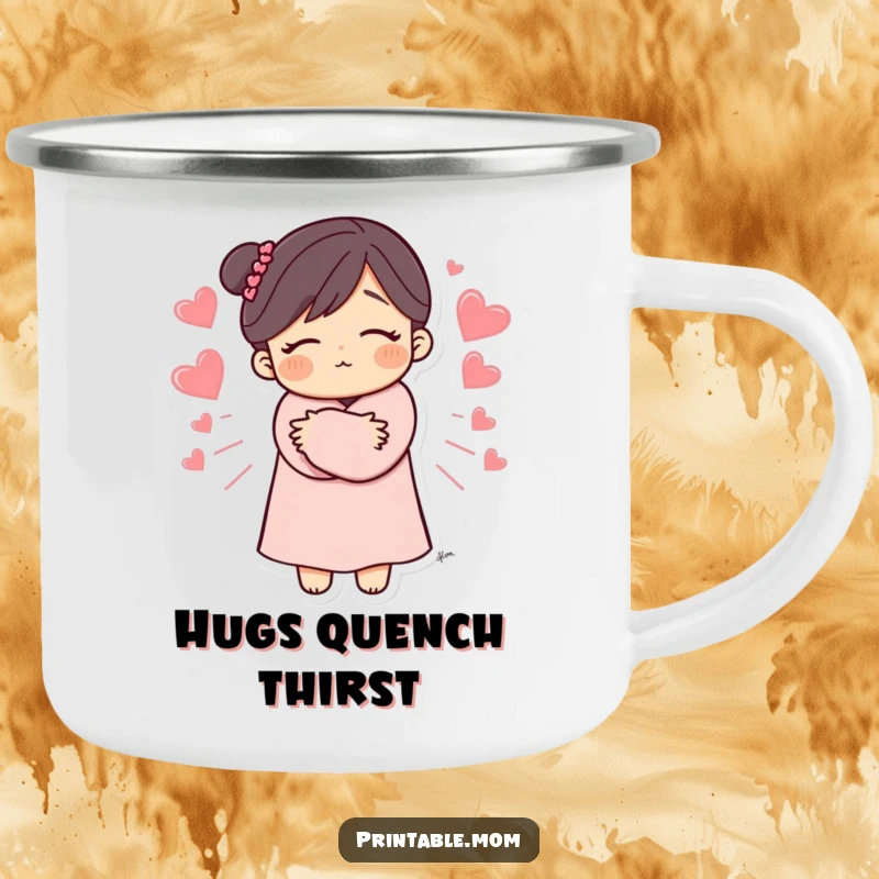 Funny Mom Camping Mug featuring a mom's warm hug with hearts, durable and portable, a perfect outdoor and funny gift.