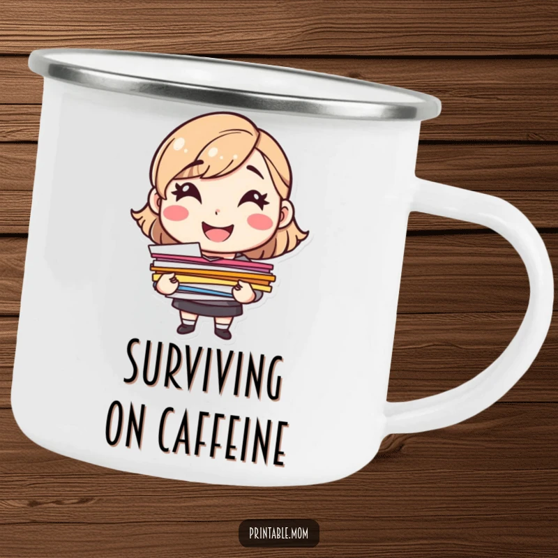 Funny cheerful mom character with papers, smiling, on a durable camping mug.