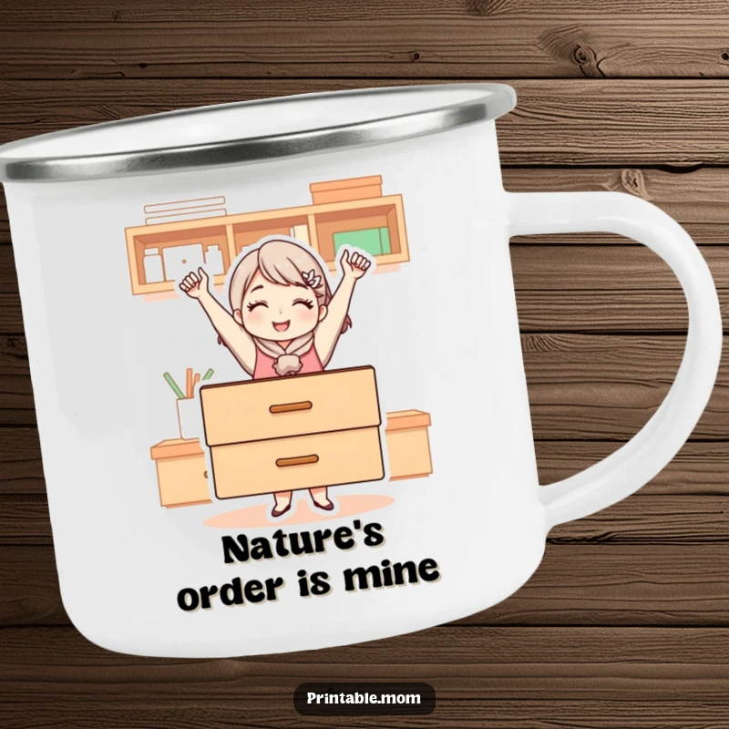 Funny camping mug depicting a triumphant mom character holding aloft a perfectly organized drawer, ready for any adventure.