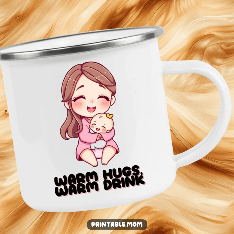 Funny camping mug with a motherly character smiling and hugging a tiny baby, perfect for cozy outdoor moments.