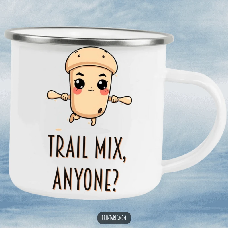 Funny determined rolling pin escaping, on a sturdy and humorous camping mug for adventurous bakers