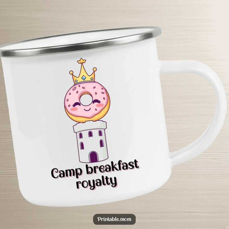 Funny camping mug depicting a smiling donut with a tiny crown, balancing atop a tower for outdoor enjoyment.