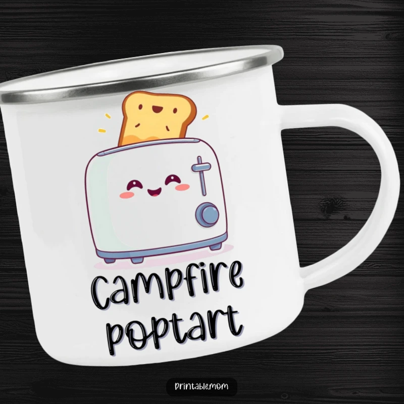 Funny camping mug with a smiling toaster launching toast in surprise, ready for outdoor adventures and breakfast chuckles.