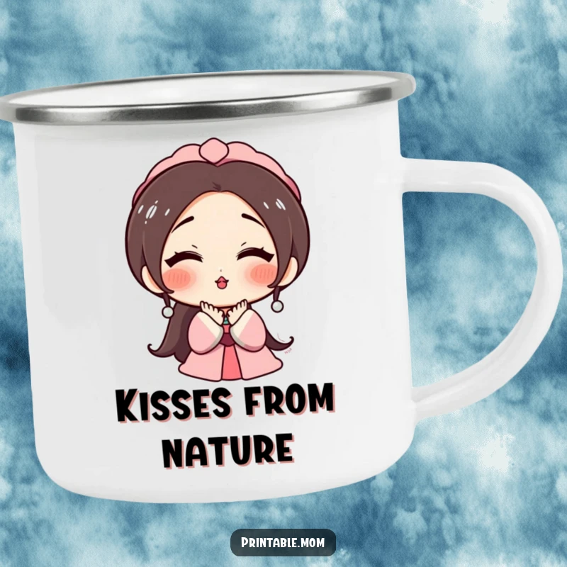Funny camping mug with a rosy-cheeked mom character blowing a kiss, perfect for adding a touch of warmth and humor to trips.