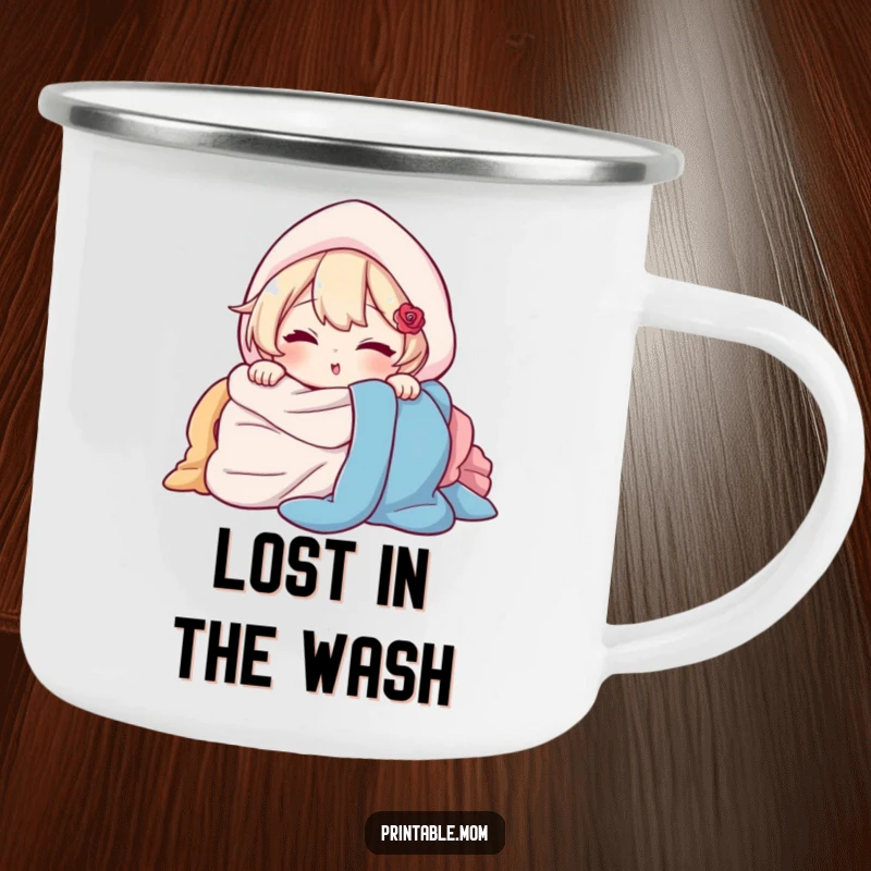 Funny Camping Mug: Character peeking out from behind a pile of laundry with a wink, a durable and humorous camp essential.