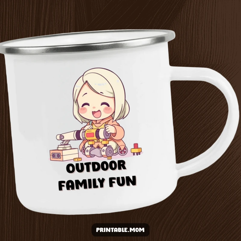 Funny camping mug with a giggling mom character delightedly assembling a complicated toy, built for adventure and parenting humor.
