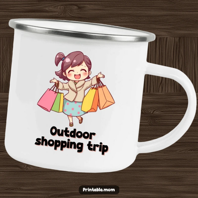 Funny mom camping mug showing a happy mom with shopping bags, perfect for enjoying a drink after retail therapy.