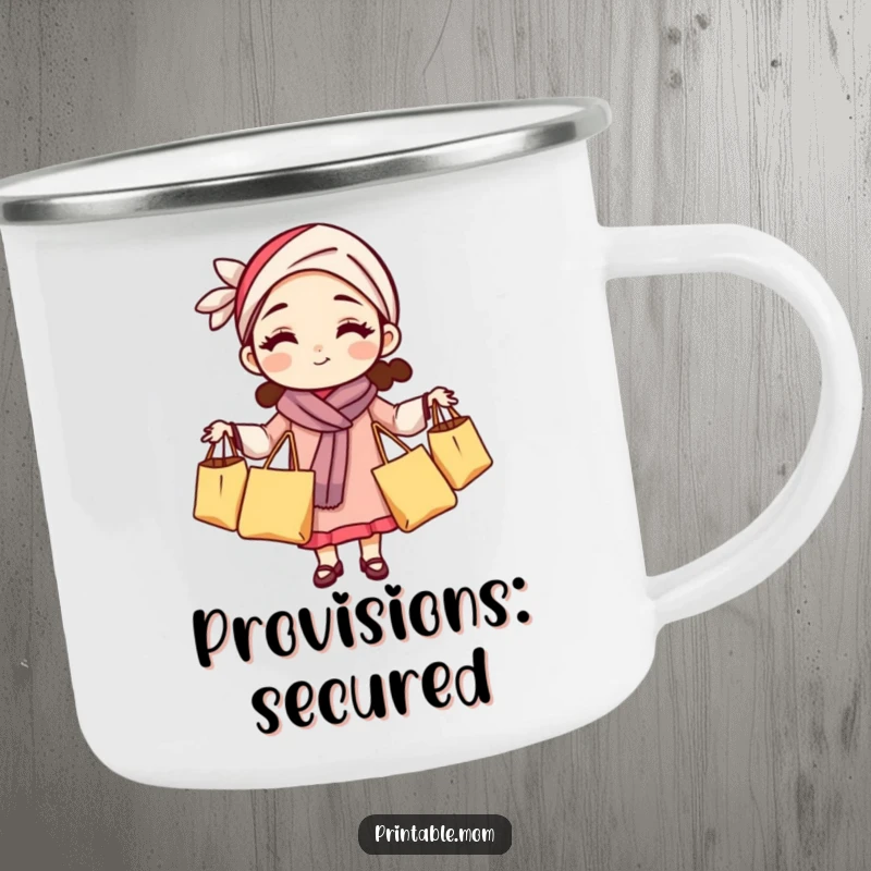 Funny mom camping mug showing a woman juggling grocery bags, a humorous and durable accessory for outdoor enthusiasts.