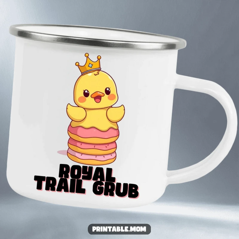 Funny camping mug with a surprised crowned rubber ducky balancing a stack of donuts, ready for outdoor adventures and laughs.