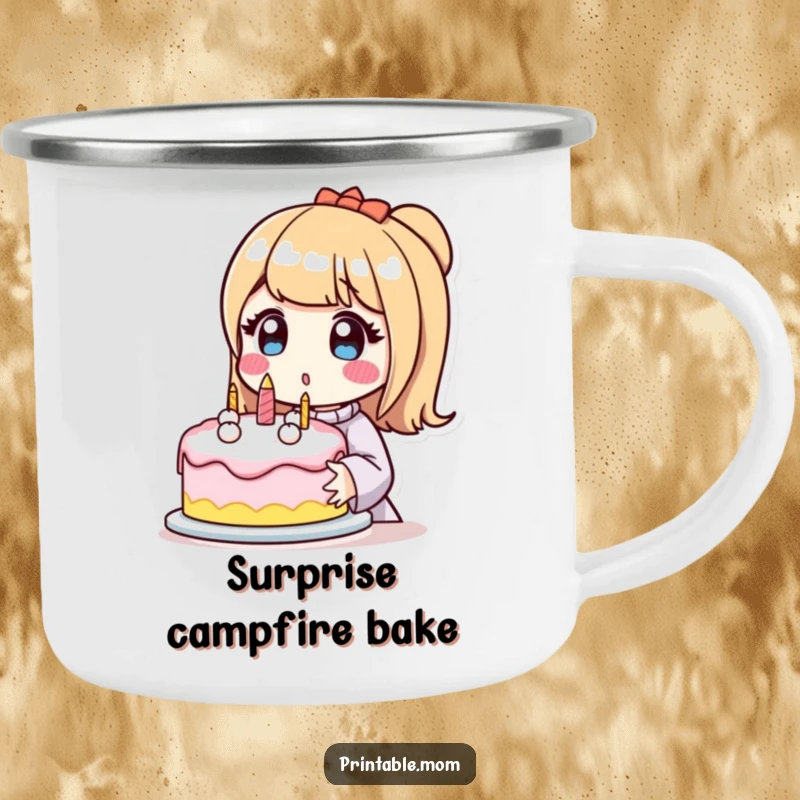 Funny camping mug with a surprised mom character holding a perfectly decorated cake, perfect for adding humor to outdoor trips.