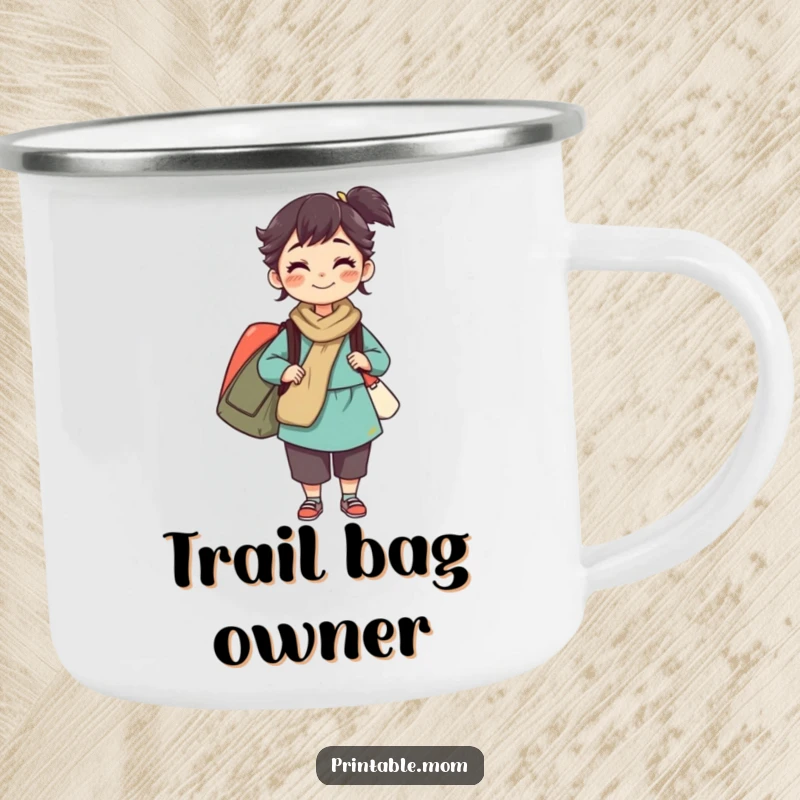 Funny camping mug showing a mom character balancing multiple bags, perfect for enjoying drinks on the go, a unique and humorous gift.