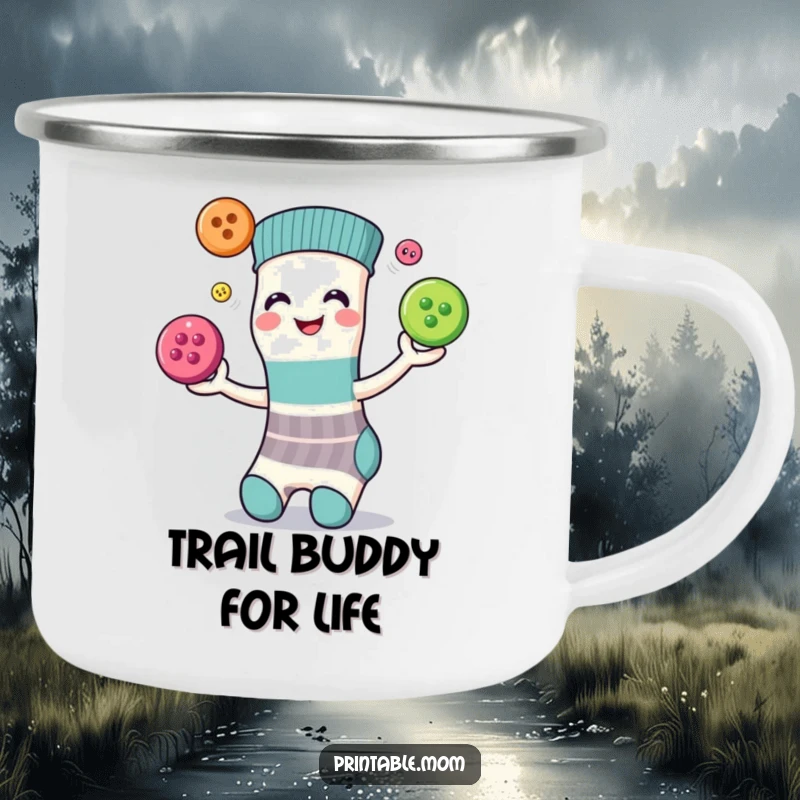 Funny camping mug with a smiling sock juggling three colorful buttons, ready for outdoor adventures and lighthearted moments.