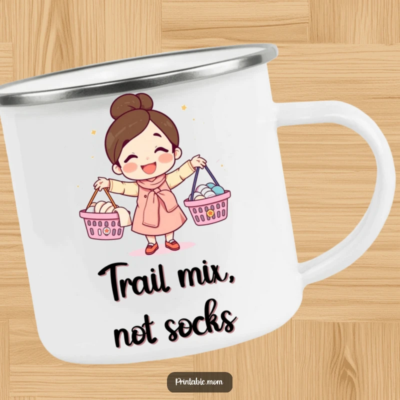 Funny camping mug featuring a happy mom character juggling laundry baskets, designed for outdoor activities and a touch of humor.