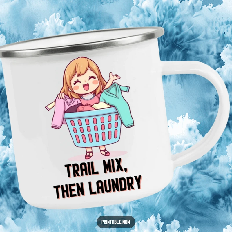 Funny camping mug depicting a happy mom character joyfully tossing clothes from a laundry basket, celebrating laundry day.