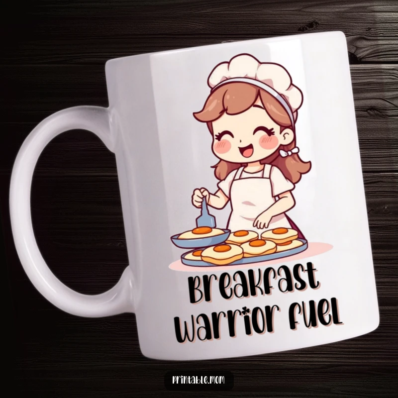 Funny mug showing a cheerful mom character in an apron flipping pancakes with a happy expression.