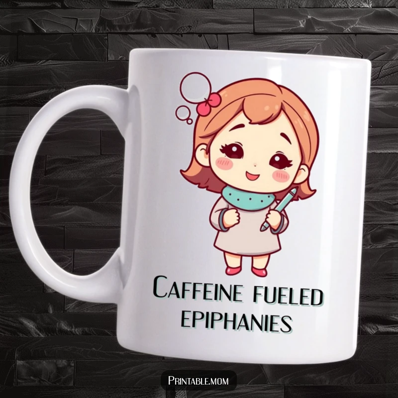 Funny mom with a sparkling thought bubble and pen on a mug, representing brilliant ideas and mom humor.
