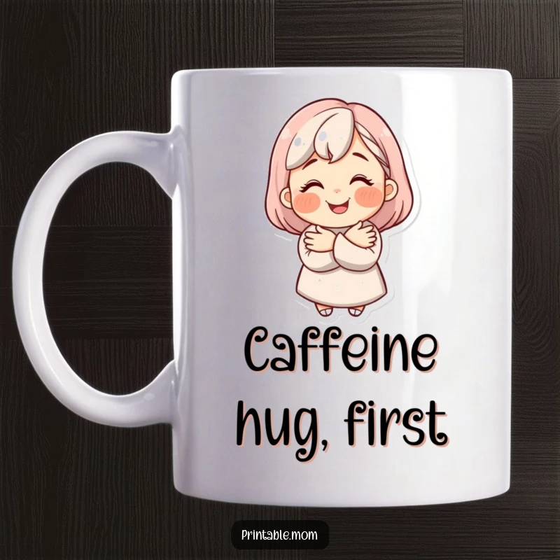 Funny mom character with a big beaming smile offering a comforting and warm hug on a mug.