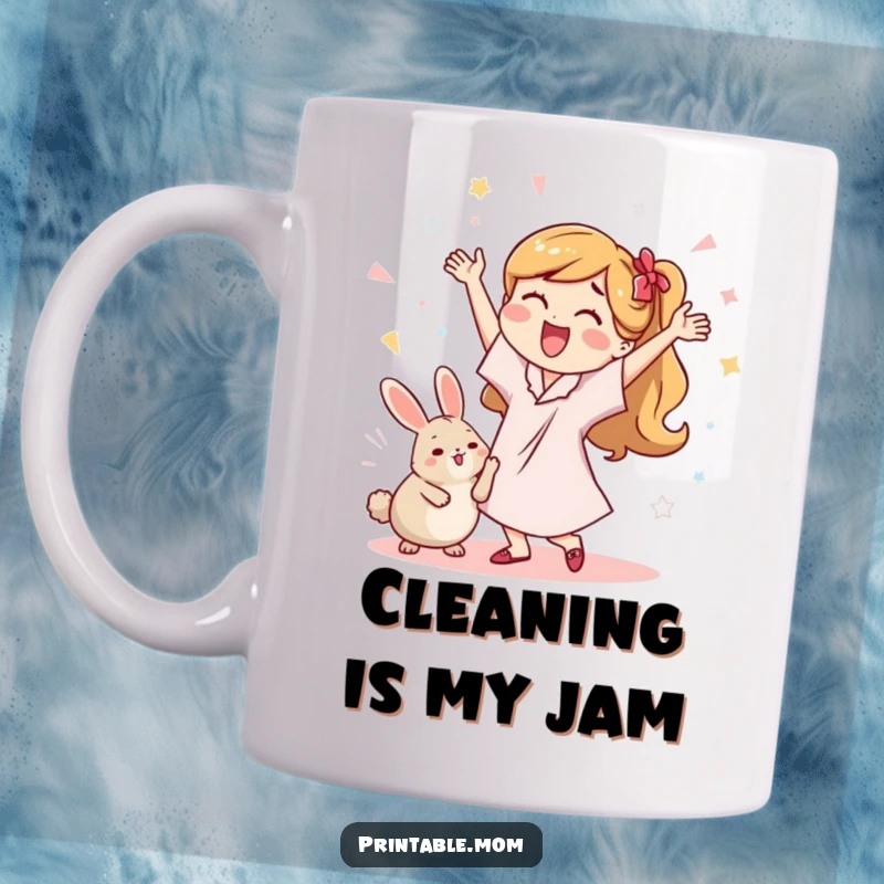 Funny mug featuring a mom doing a joyful dance with a fluffy dust bunny, celebrating a cleaning triumph.