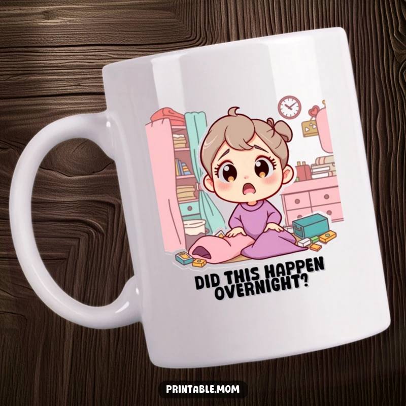 Funny mug with a mom character showing wide, surprised eyes upon discovering a very messy room, expressing relatable parental shock.