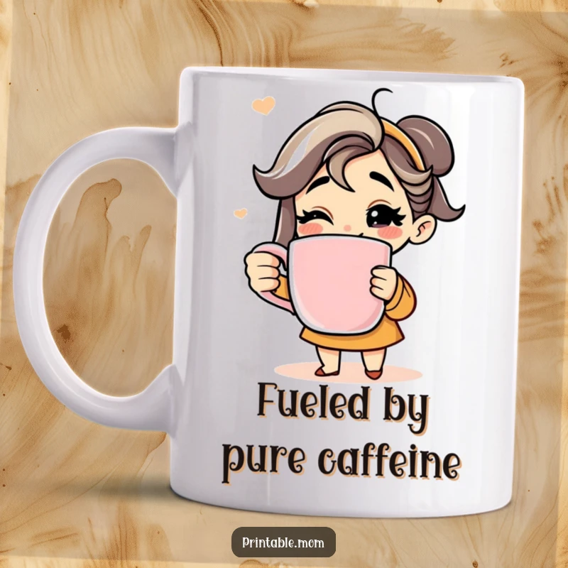 Funny mug showing a mom with a wide grin holding an oversized coffee mug, embodying her love for caffeine.