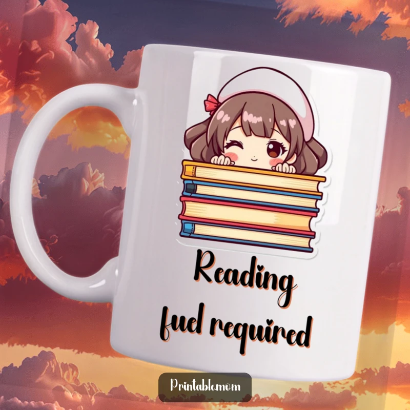 Funny mug showing a mom peeking playfully from behind a stack of colorful books, revealing her love for reading.