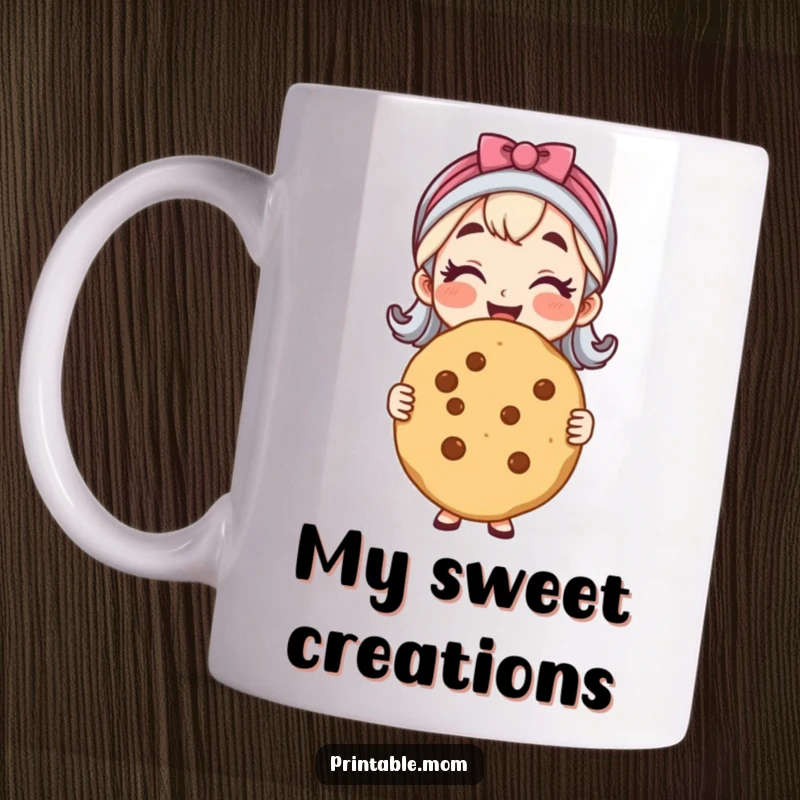 Funny mug featuring a cheerful mom proudly presenting a giant, perfectly baked cookie, celebrating her baking prowess.