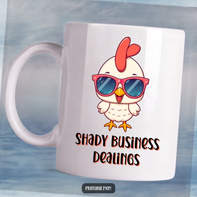 Funny chicken wearing oversized sparkly sunglasses, looking cool and cheerful, perfect for a funny gift mug