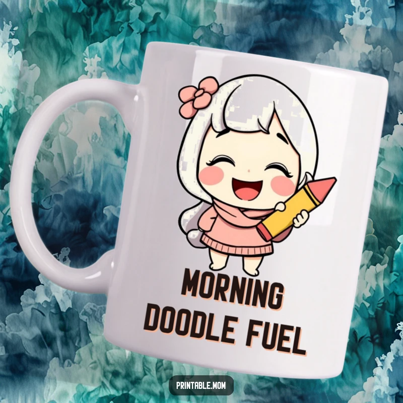 Funny mom mug showing a cheerful character giggling while holding a colorful crayon, celebrating creativity and motherhood.