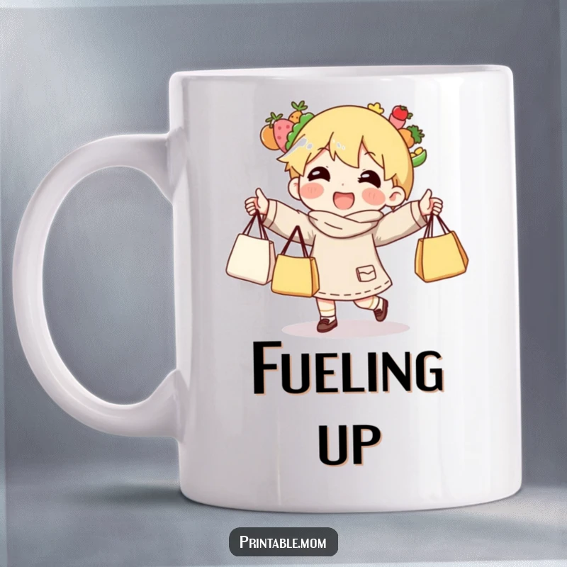 Funny mug showing a character happily juggling multiple grocery bags with ease and a cheerful expression.