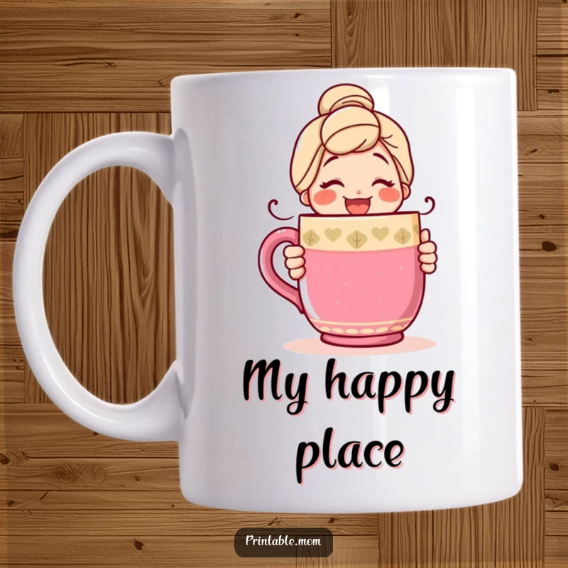 Funny mug showcasing a happy mom with a warm smile, affectionately hugging a comically oversized, colorful coffee mug with delight.