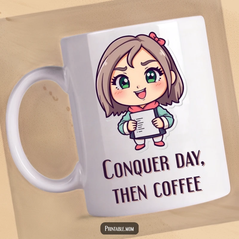 Funny Mom Boss Mug with a character grinning determinedly at a to-do list, ready for action, a motivational and funny gift.