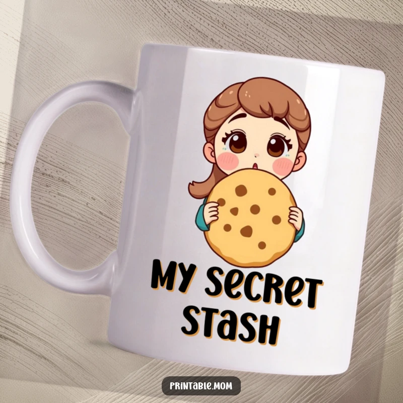 Funny mom mug with surprised expression holding a gigantic cookie, depicting a relatable moment of pure joy.