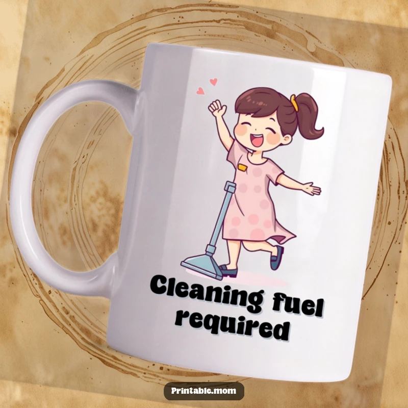 Funny mom character joyfully dancing energetically with a vacuum cleaner on a humorous mug.