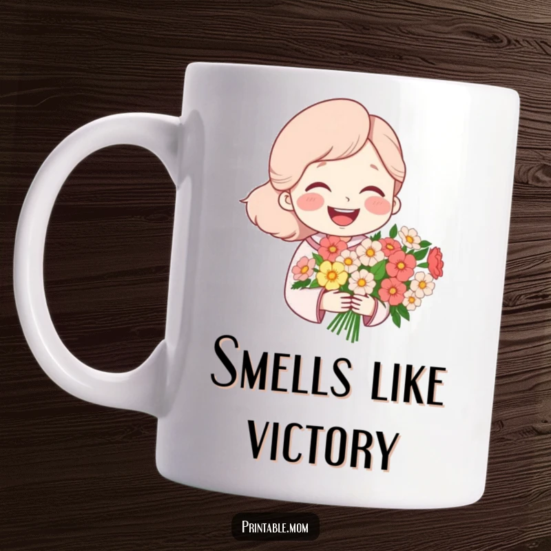 Funny mug with a mom character laughing heartily and holding a colorful bouquet of flowers, representing happiness and appreciation.