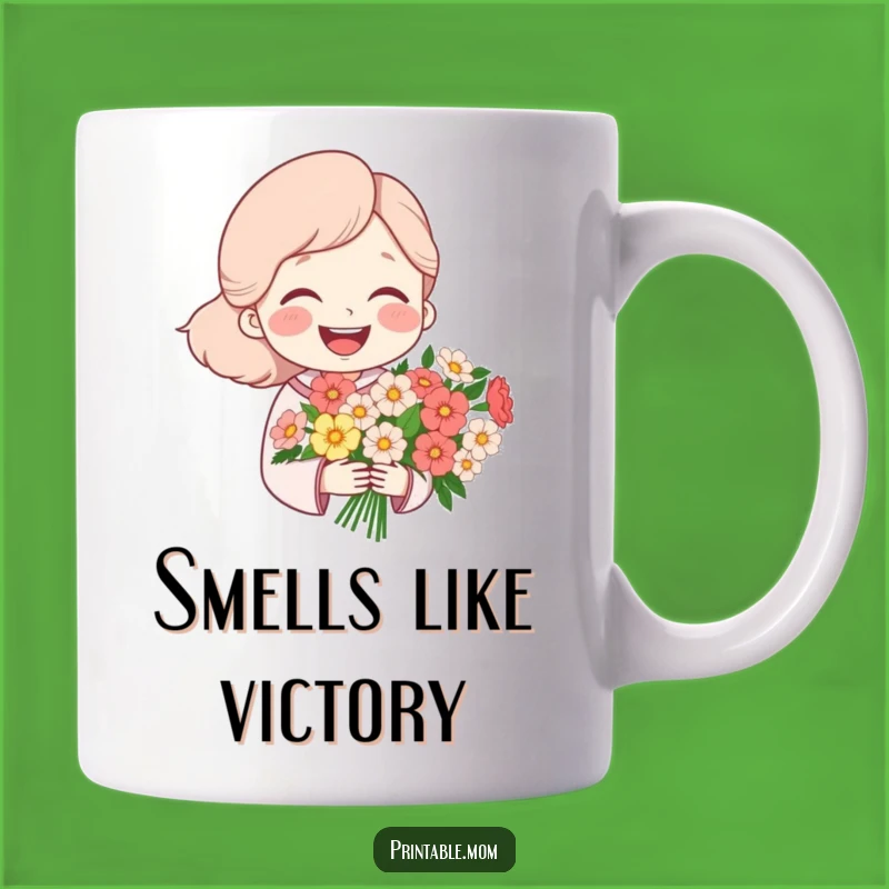 Funny Mom Flower Mug: Laughing Mom with Bouquet, Perfect Funny Gift!