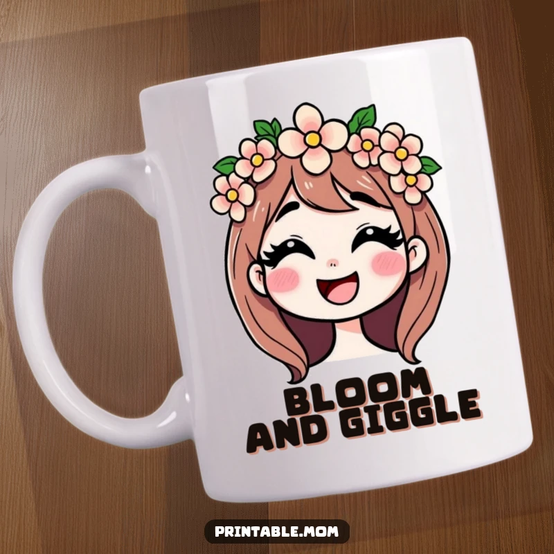 Funny mug of a happy mom wearing a flower crown and giggling, depicting maternal joy and gentle humor.