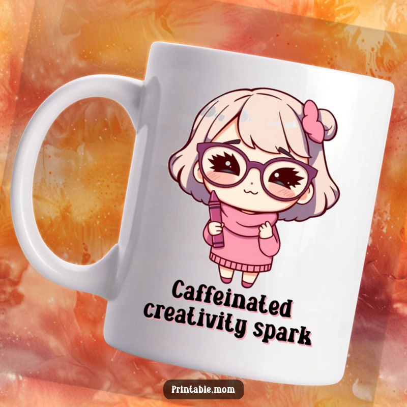 Funny mug showing a mom character with big glasses winking while holding a crayon, ready to create.